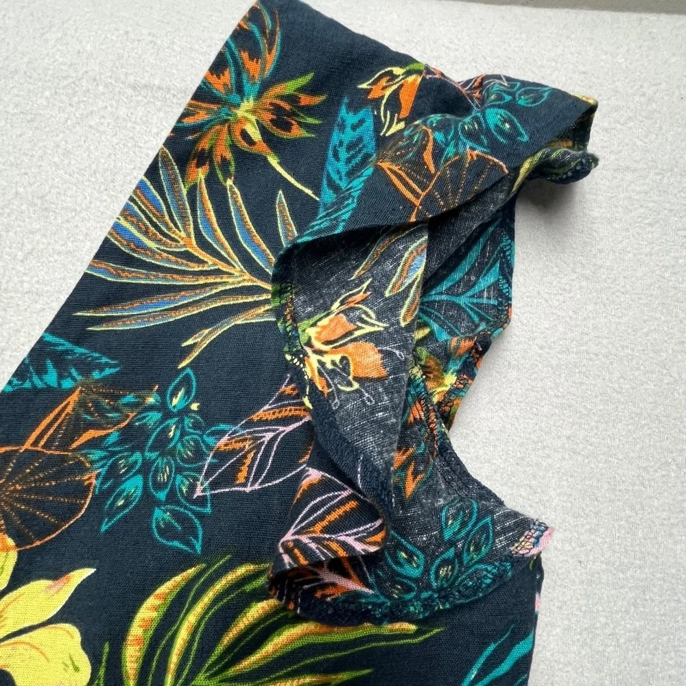 New Tropical Floral‎ Midi Dress Women 16 Linen Blend Ruffle Sleeve V Neck Sumer